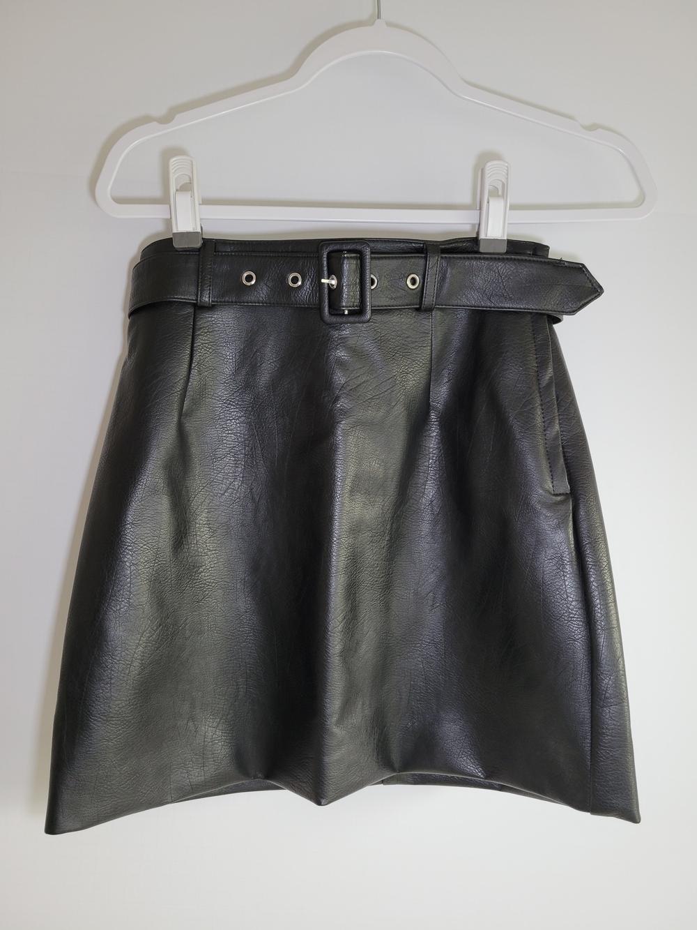 H&M Black Faux Leather A-Line Mini Skirt with Belt